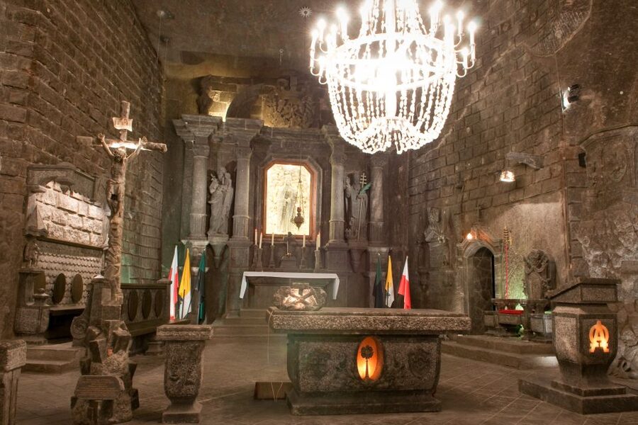 Unesco List; Wieliczka Salt Mine Half-Day Tour from Kraków - St. Kinga’s Chapel: salt sculptures, altars, and a real underground church